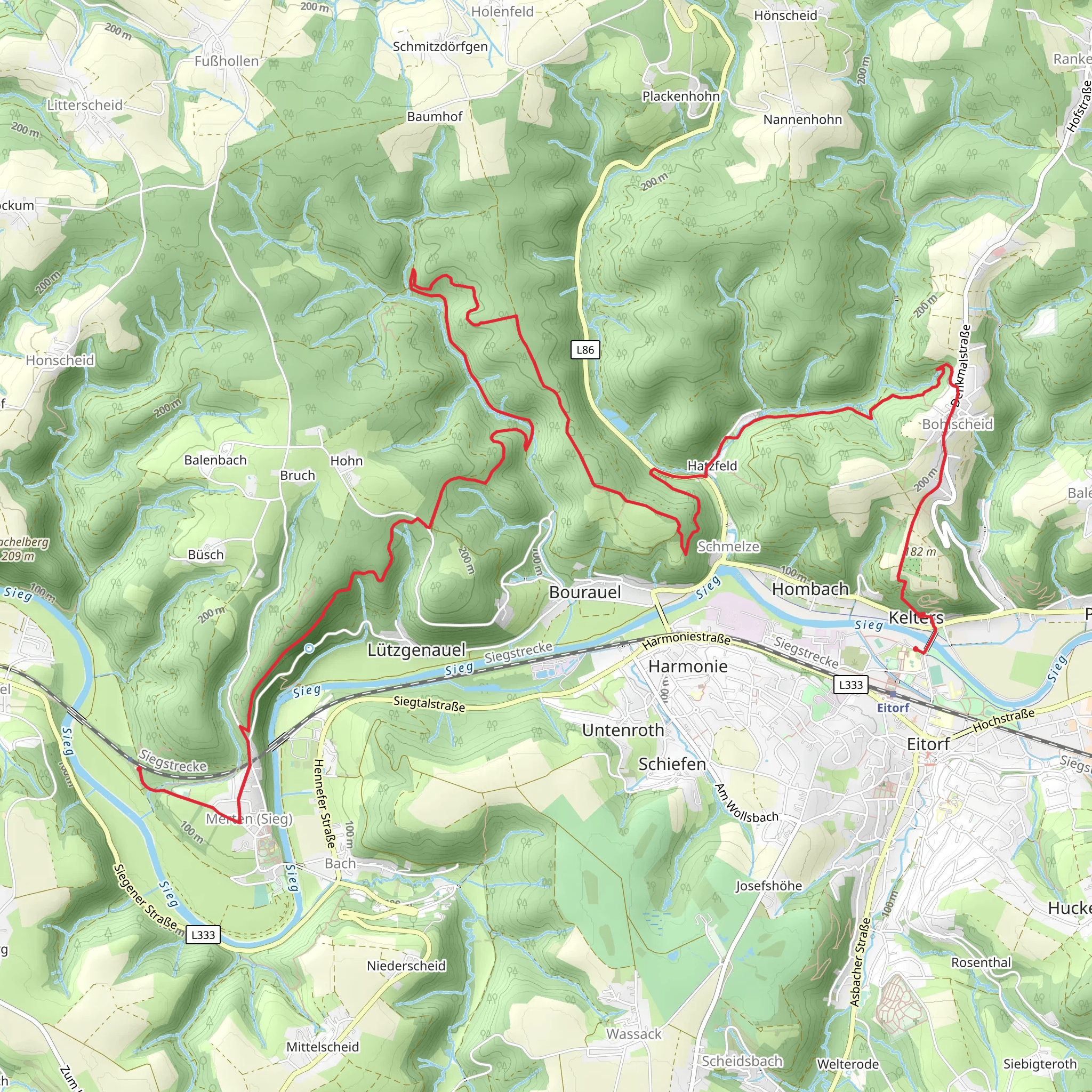 Merten to Eitorf Walk via Natursteig Sieg Zugang Bf Merten mobile static map