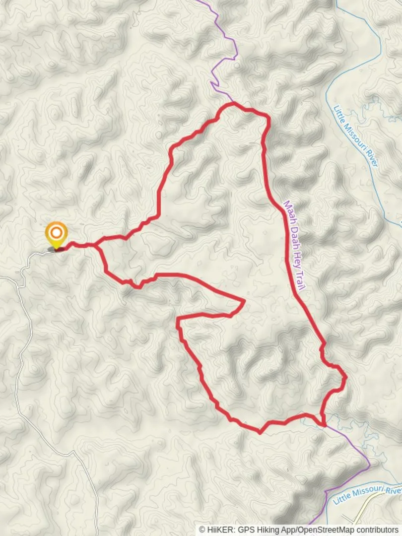 An image depicting the trail Maah Daah Hey Trail and Lone Tree Spring Loop Trail and its surrounding area.