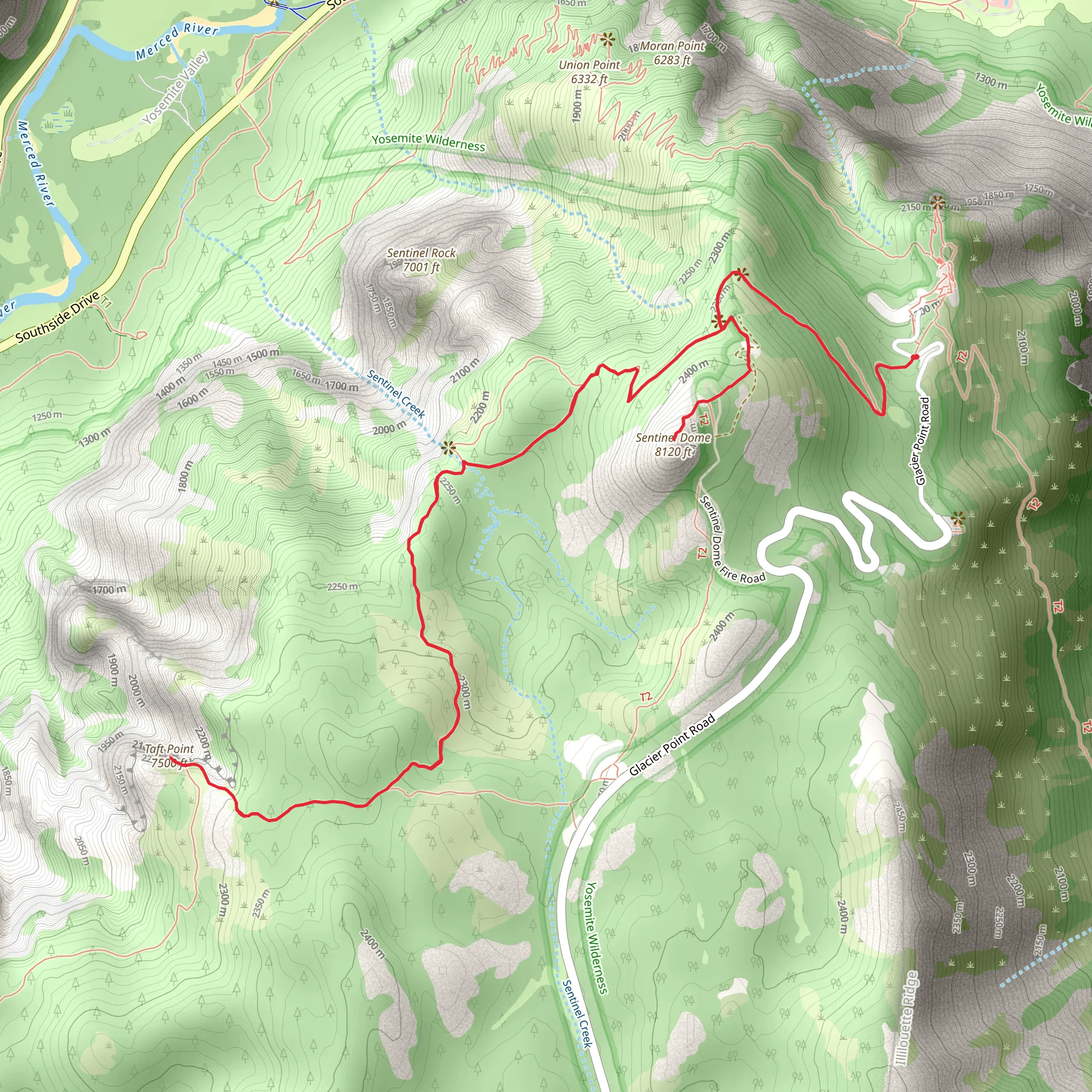 Sentinel Dome and Taft Point via Pohono Trail mobile static map