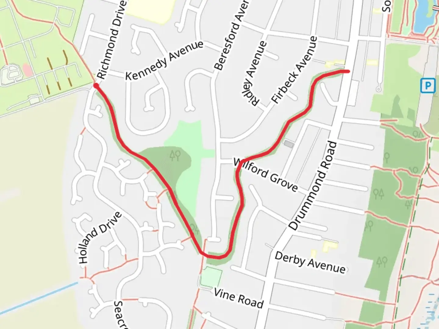 An image depicting the trail Baresford Park Walk and its surrounding area.