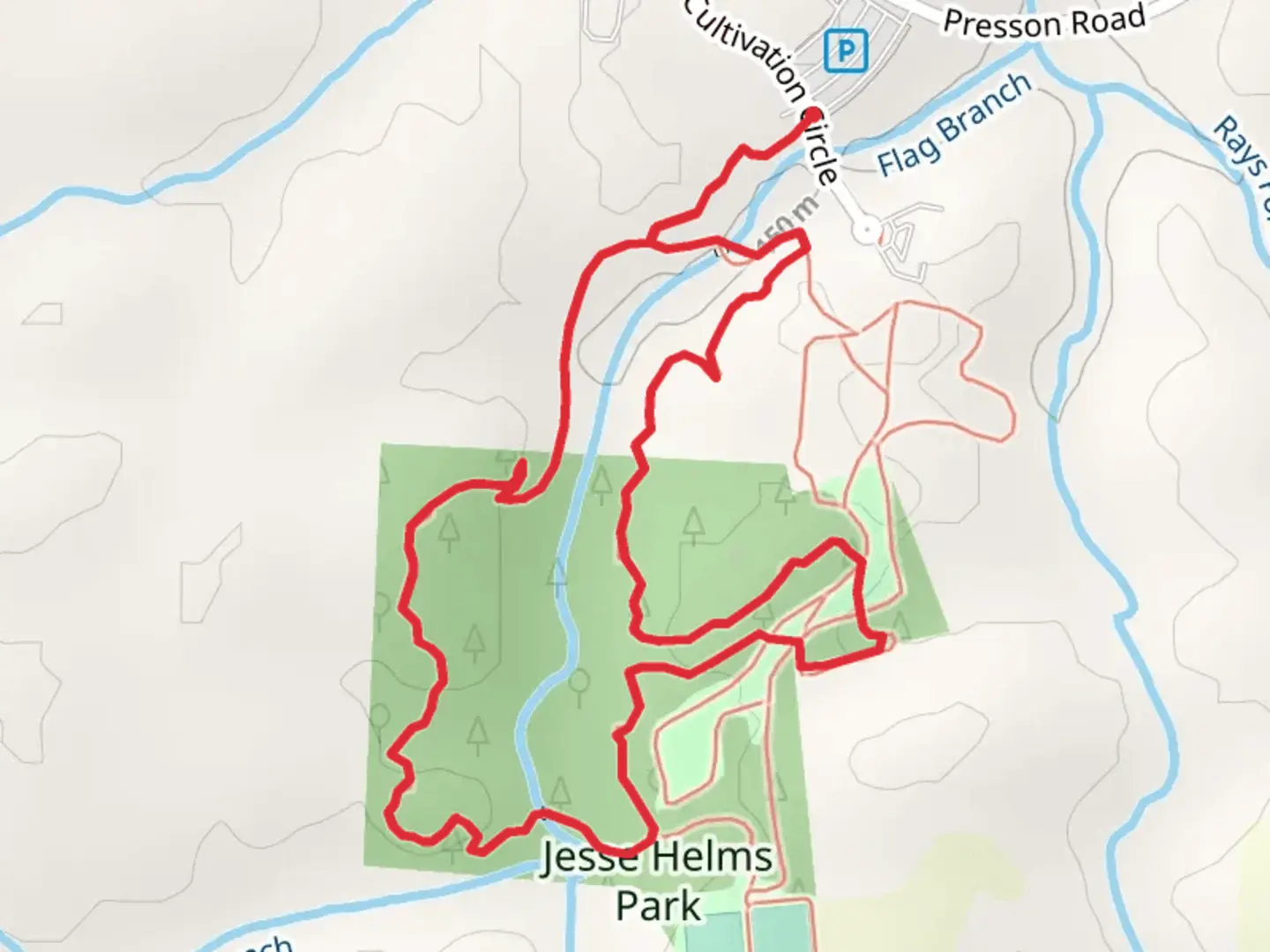 An image depicting the trail Flag Branch Loop via Heritage Trail and its surrounding area.