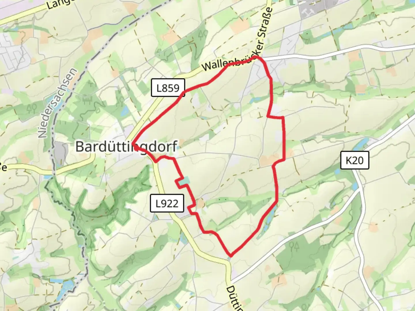 An image depicting the trail Bardüttingdorf Rundwanderweg Loop and its surrounding area.