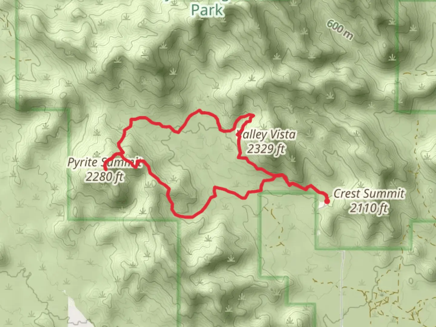 An image depicting the trail Turnbuckle and Pyrite Summit Loop Trail and its surrounding area.