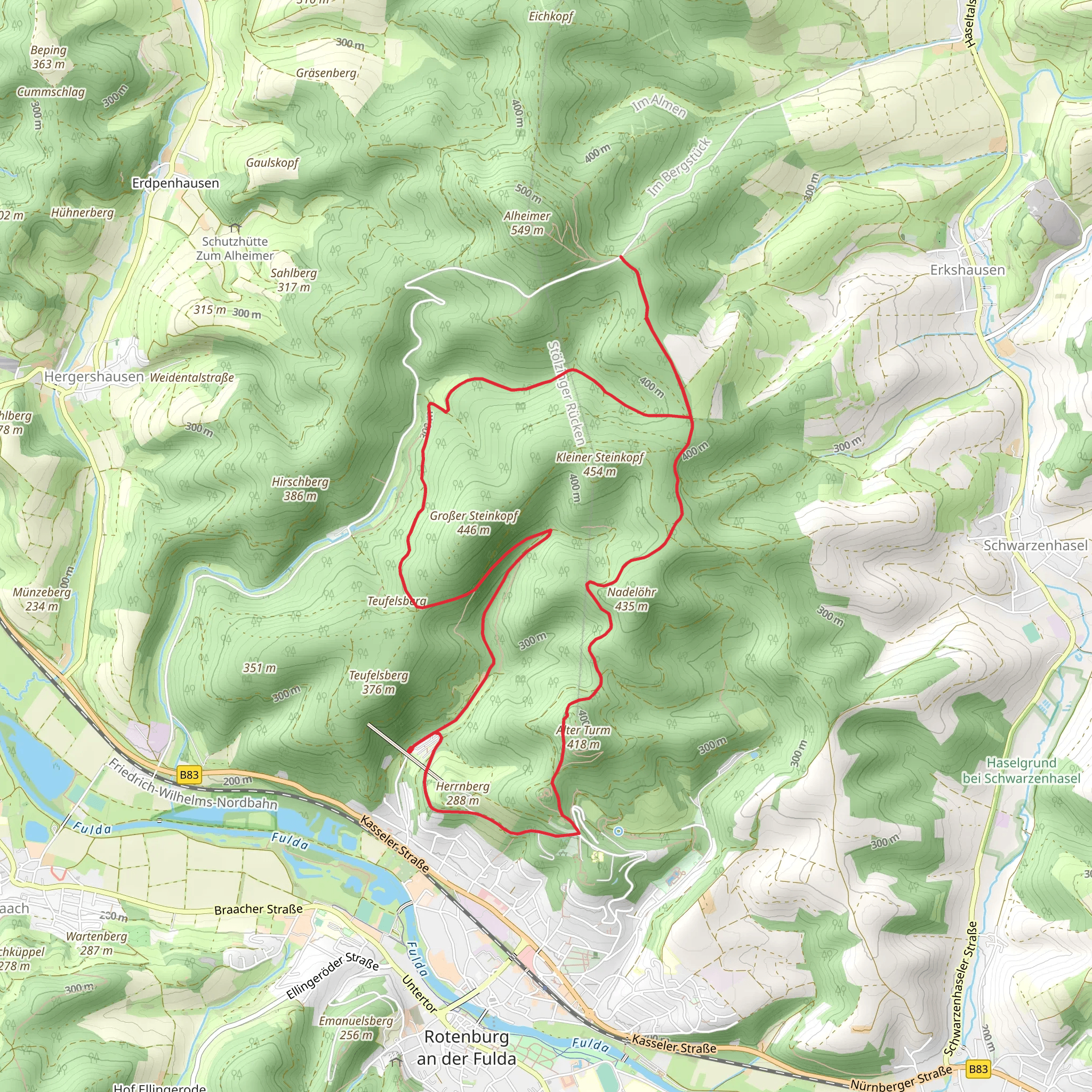 Teufelsberg, Kaiserkopf and Alter Turm Loop via ARS Natura mobile static map