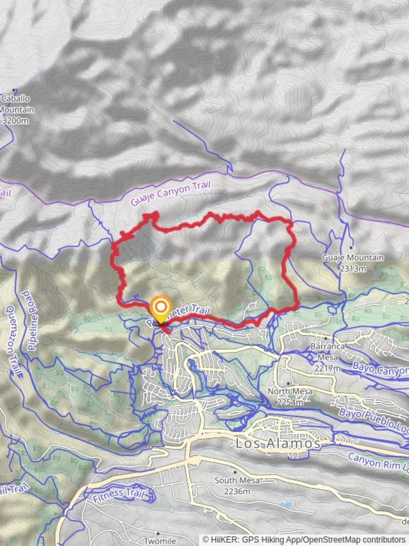 An image depicting the trail Mitchell Trail, Cabra Loop Trail and Guaje Ridge Trail and its surrounding area.