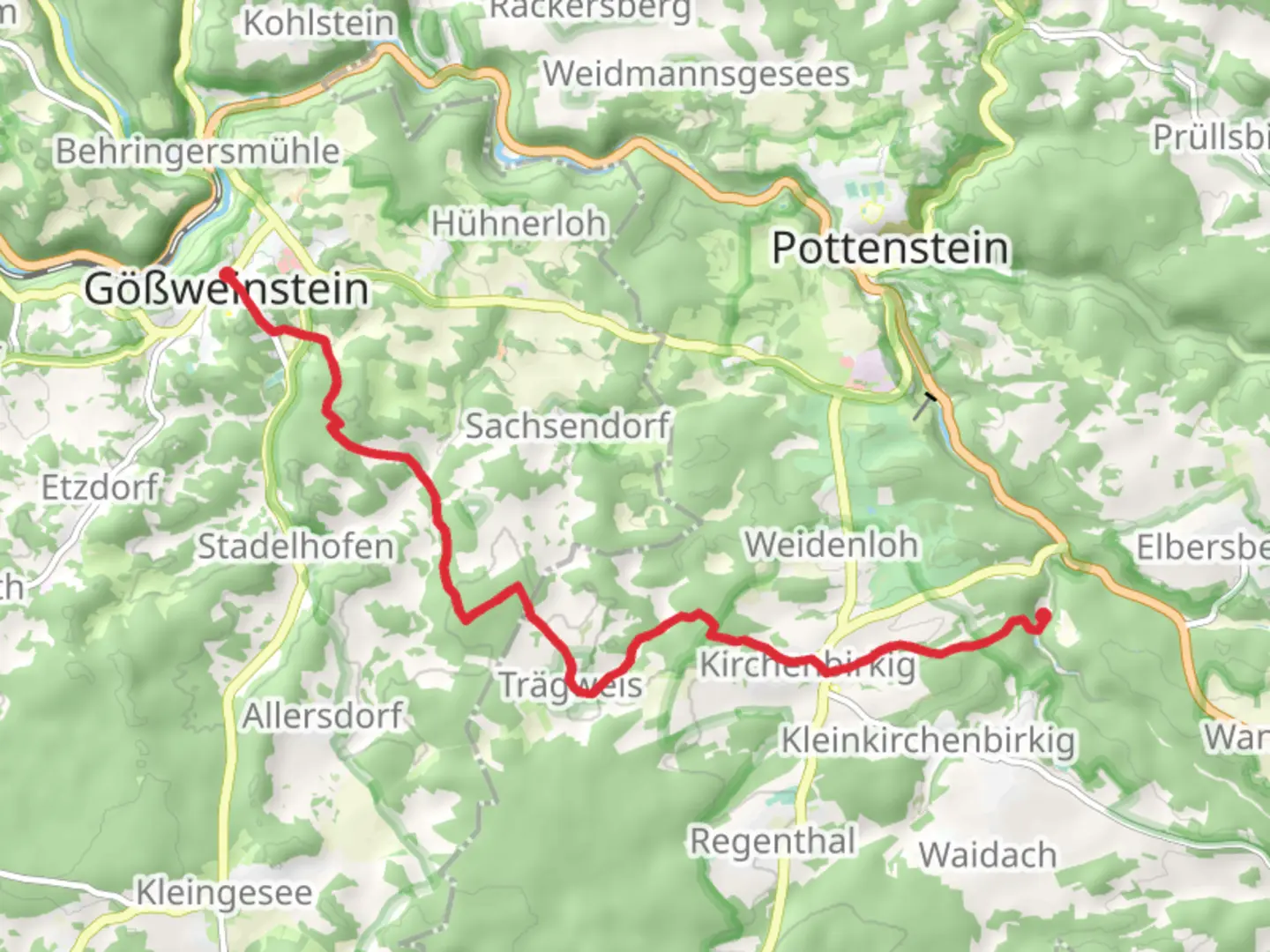 An image depicting the trail Gößweinstein to Mittelmühle Walk and its surrounding area.