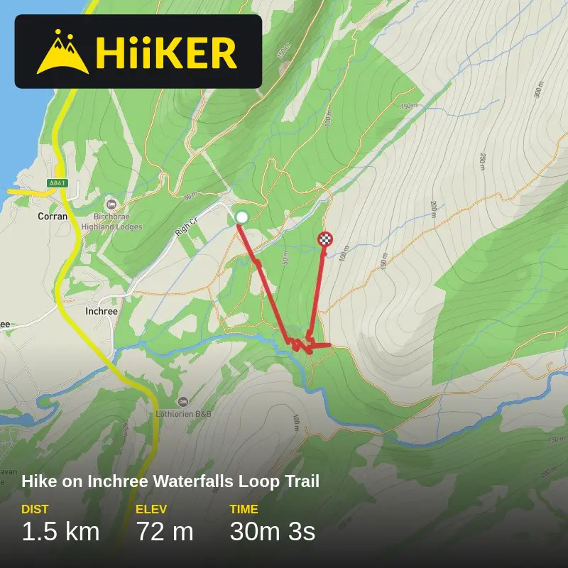 A map preview of the recording Hike on Inchree Waterfalls Loop Trail.