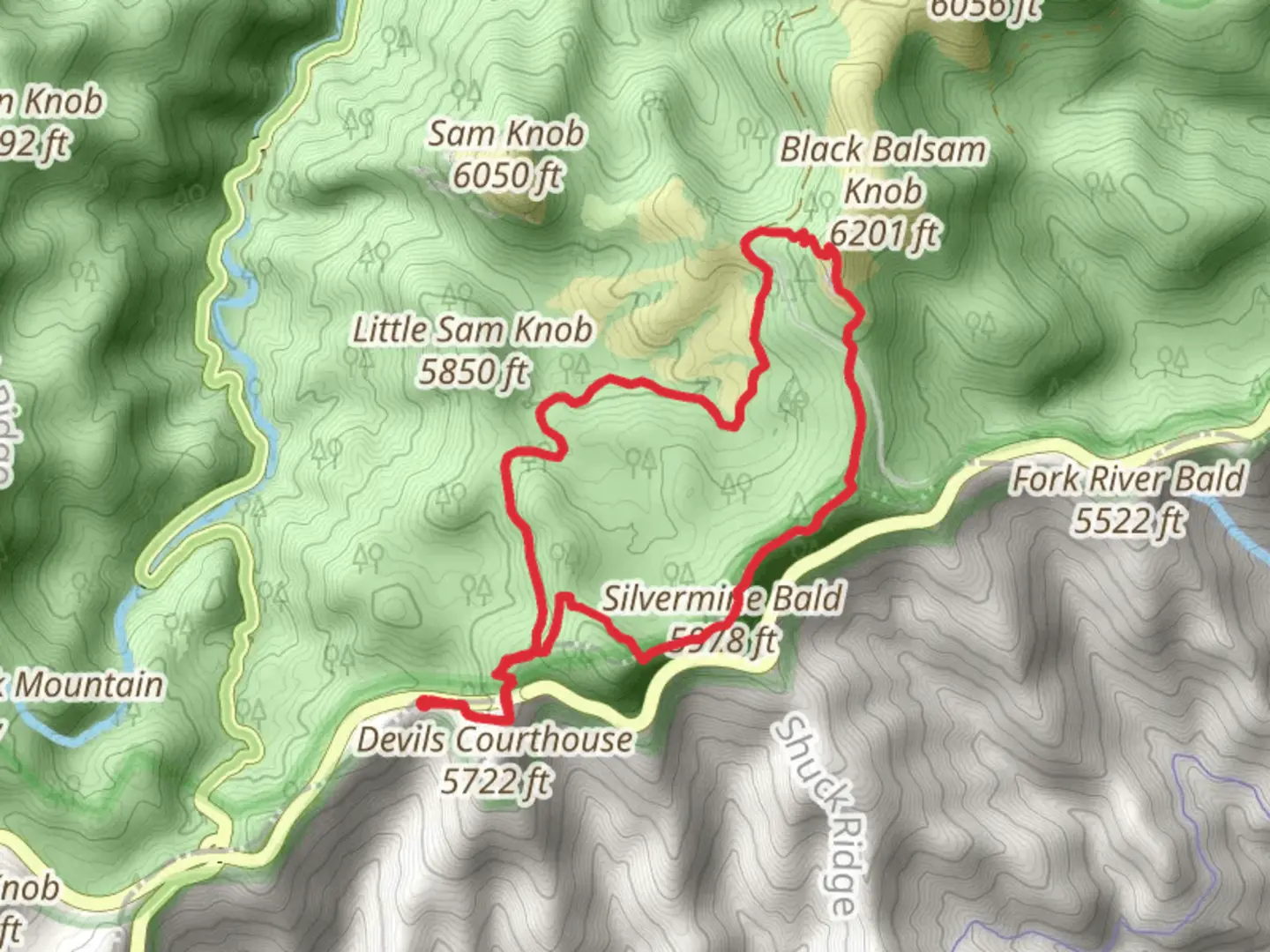 An image depicting the trail Devils Courthouse, Little Sam and Silvermine Bald Loop Trail and its surrounding area.