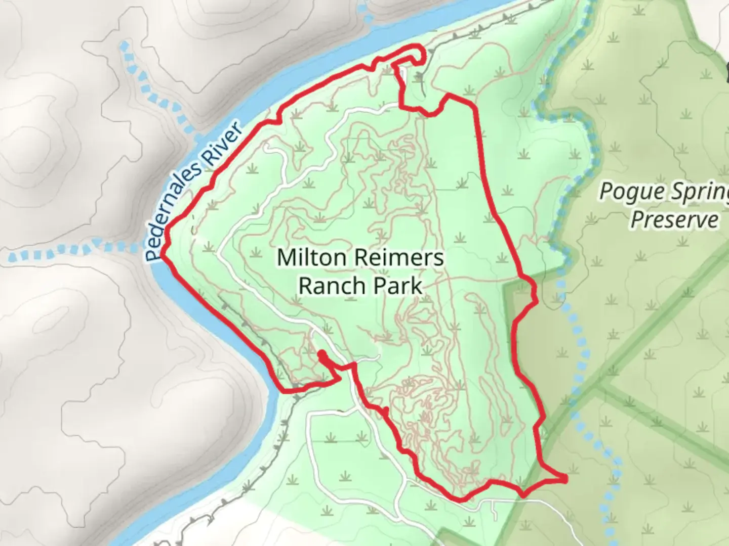 An image depicting the trail Pedernales River and Milton Reimers Ranch Park Loop and its surrounding area.