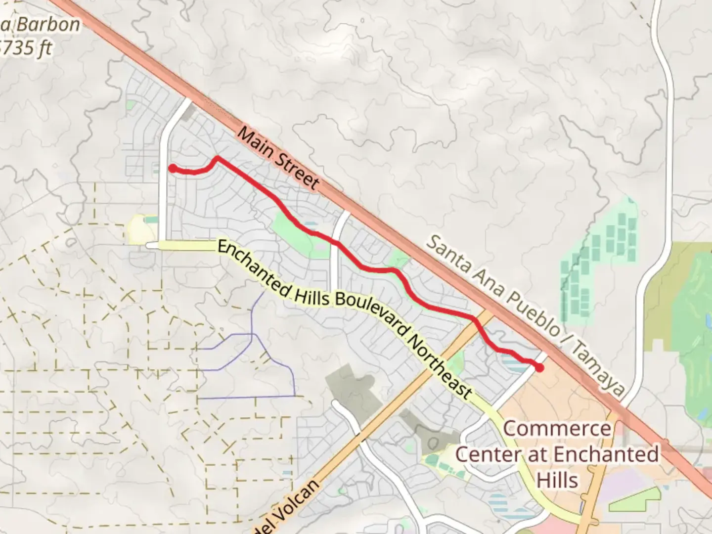 An image depicting the trail Encantado Walk and Mountain View Park Walk and its surrounding area.