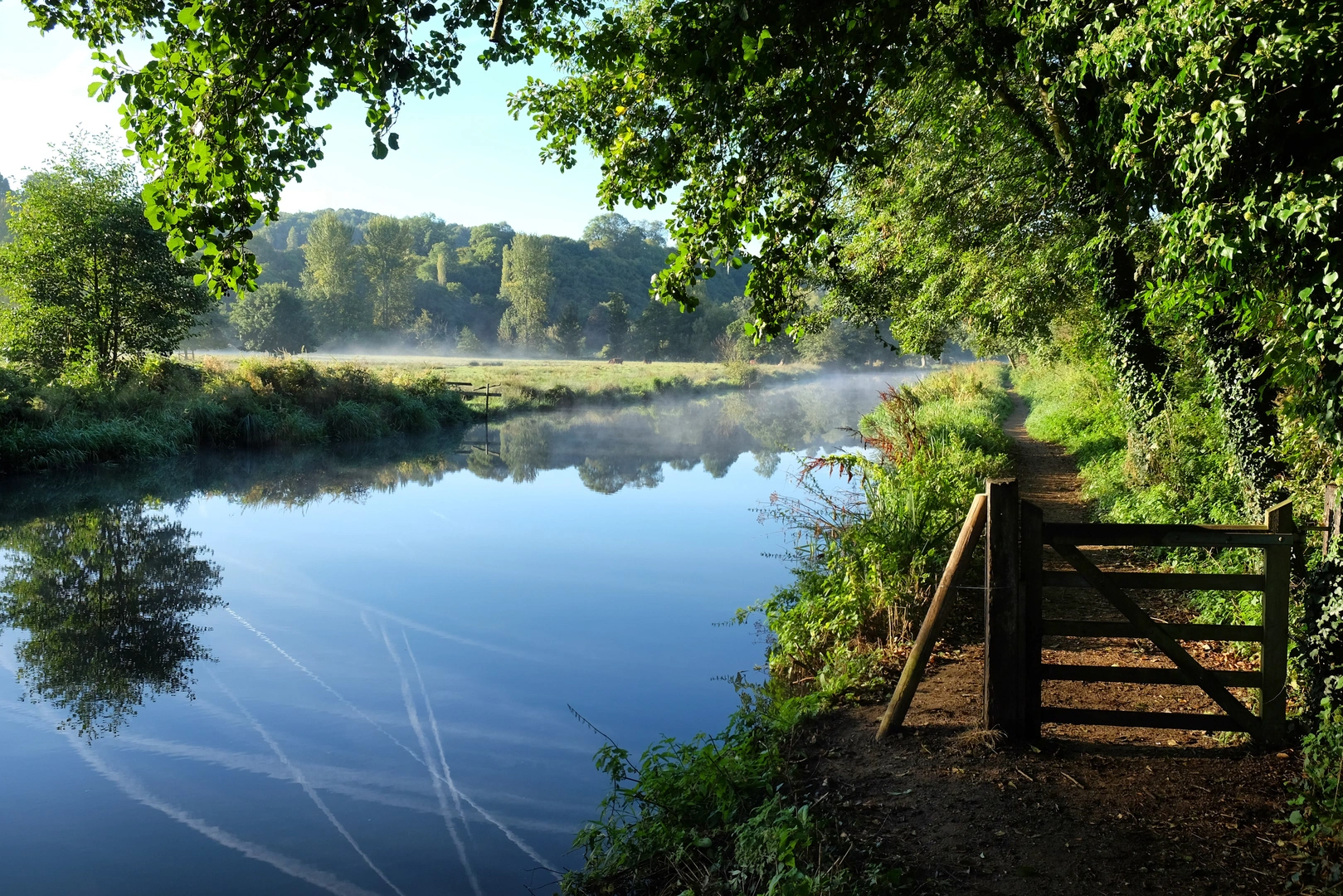 An image depicting the trail Godalming Town Bridge to Thames Lock along River Wey Navigations and its surrounding area.