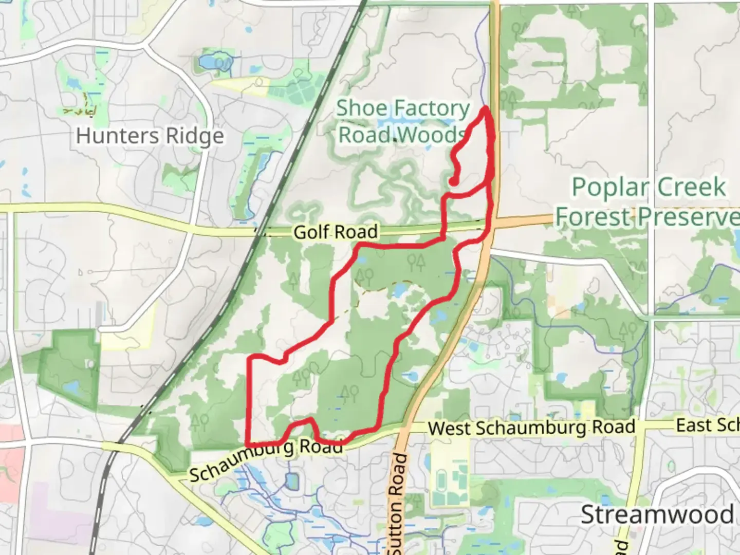 An image depicting the trail Poplar Creek Tan Unpaved Trail and Poplar Creek Black Unpaved Loop Trail and its surrounding area.
