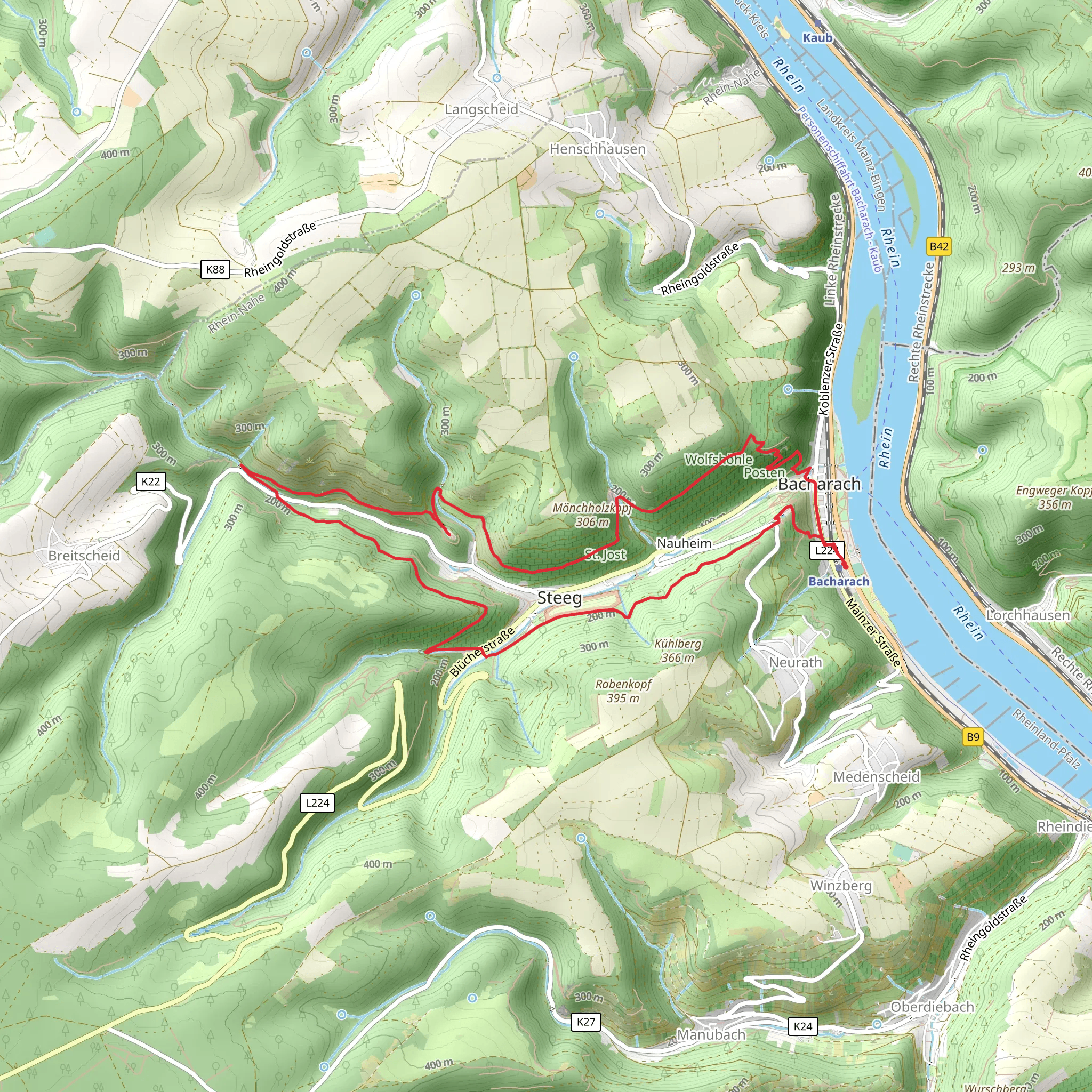 Stahleck Castle, Ruine Stahlberg and Postenturm Loop via Weinwanderweg mobile static map
