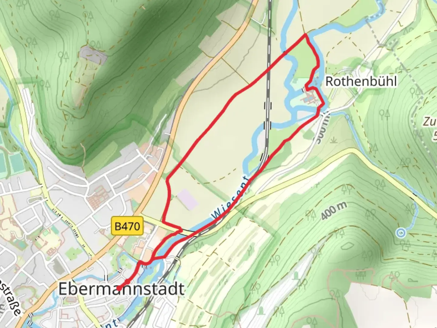 An image depicting the trail Wiesent Loop via Leinleitertalweg and Ebermannstadt Birkenreuth and its surrounding area.