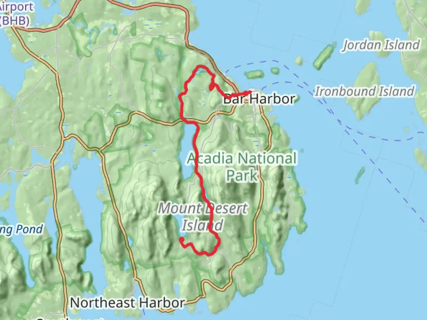 An image depicting the trail Eagle Lake to Bubble Pond to Jordan Pond and its surrounding area.