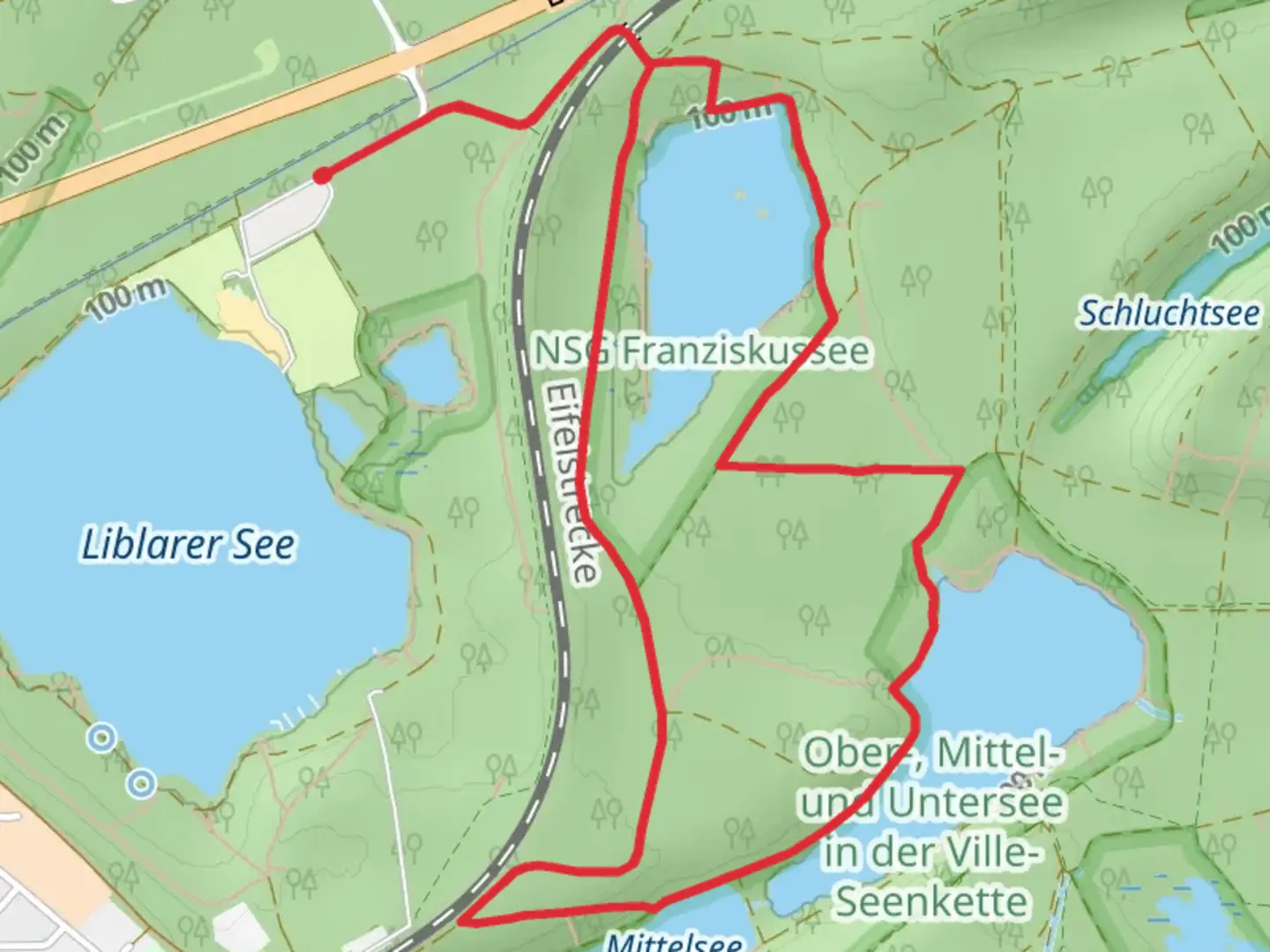 An image depicting the trail Franziskussee Loop via Ville A2 and its surrounding area.