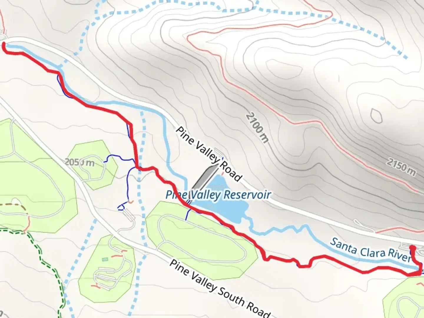 An image depicting the trail Pine Valley Reservoir via Santa Clara River Trail and its surrounding area.