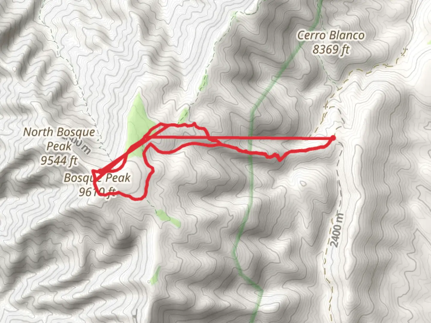 An image depicting the trail Bosque Peak via Bosque Trail and Old Bosque Trail and its surrounding area.