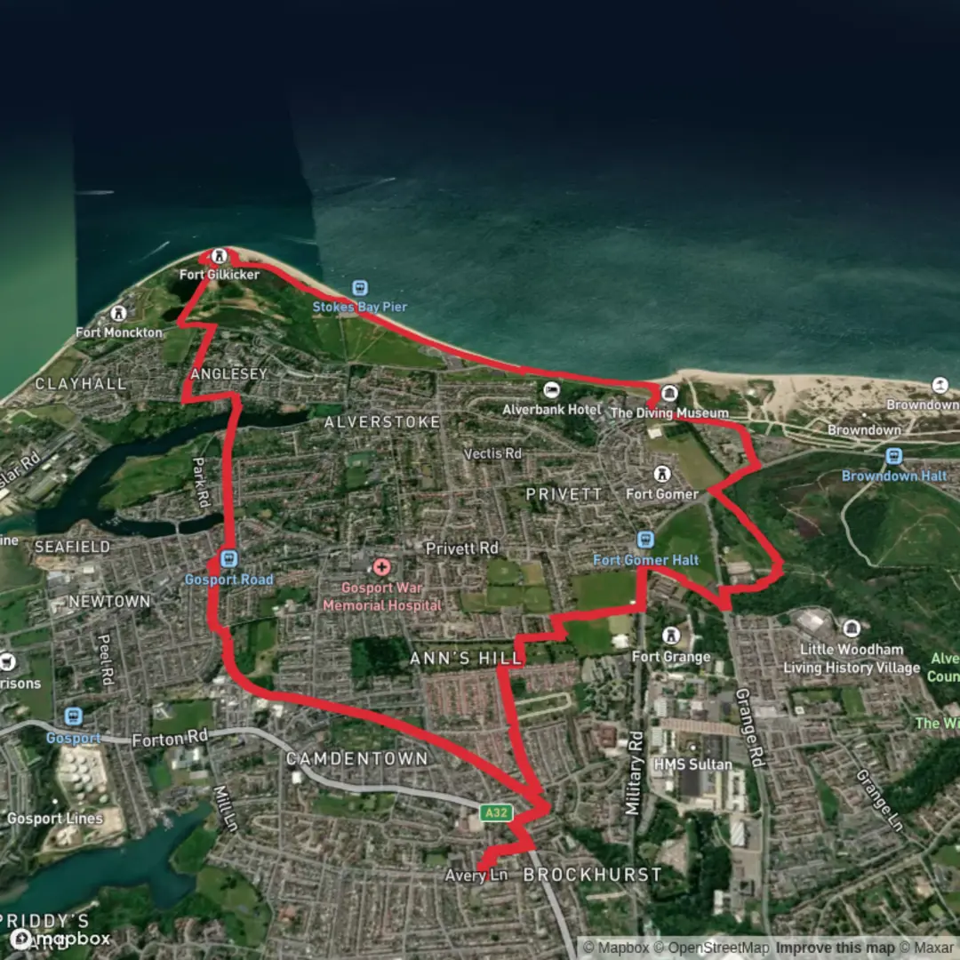 An image depicting the trail Gosport to Stokes Bay via England Coast Path and its surrounding area.