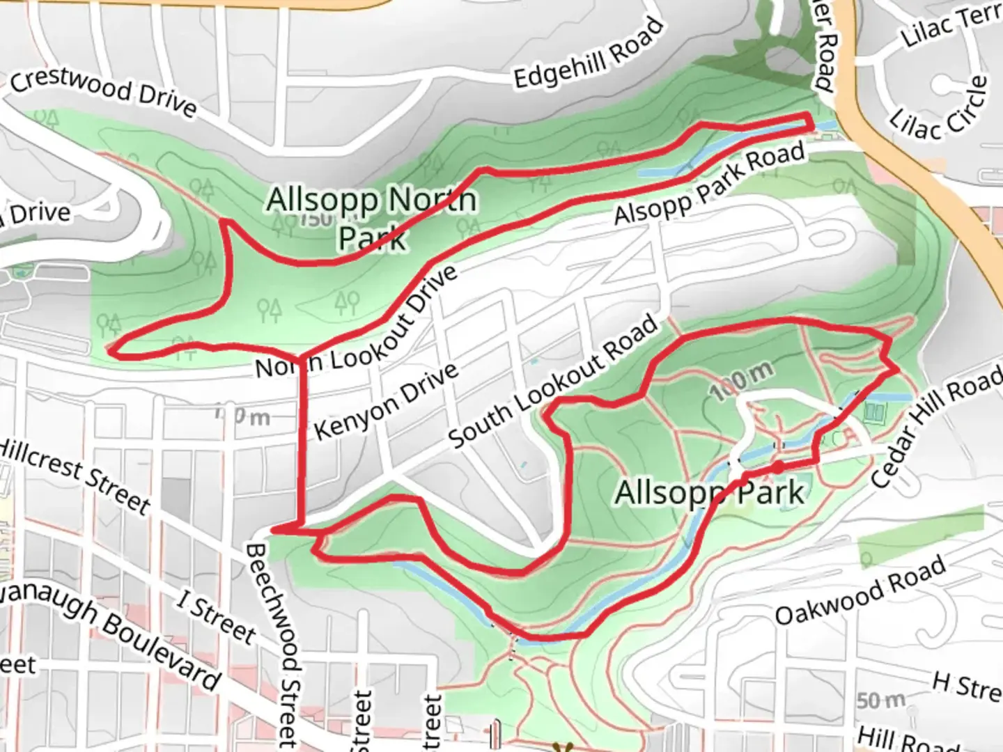 An image depicting the trail Allsopp Park Loop and its surrounding area.