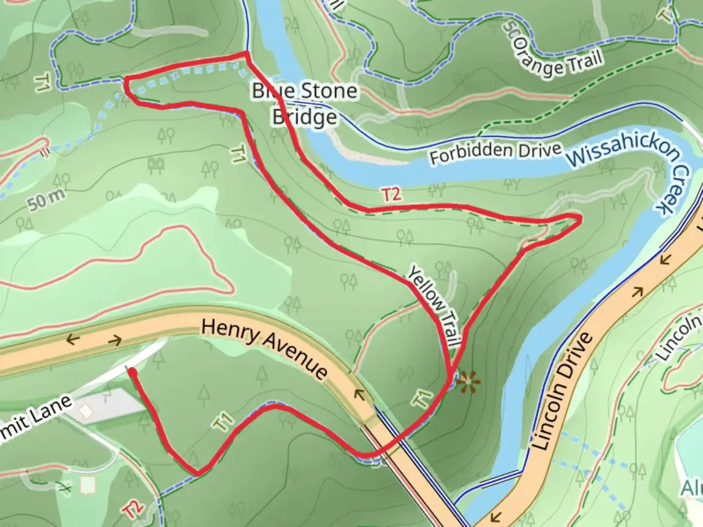 An image depicting the trail Wissahickon Creek Loop via Yellow Trail and its surrounding area.