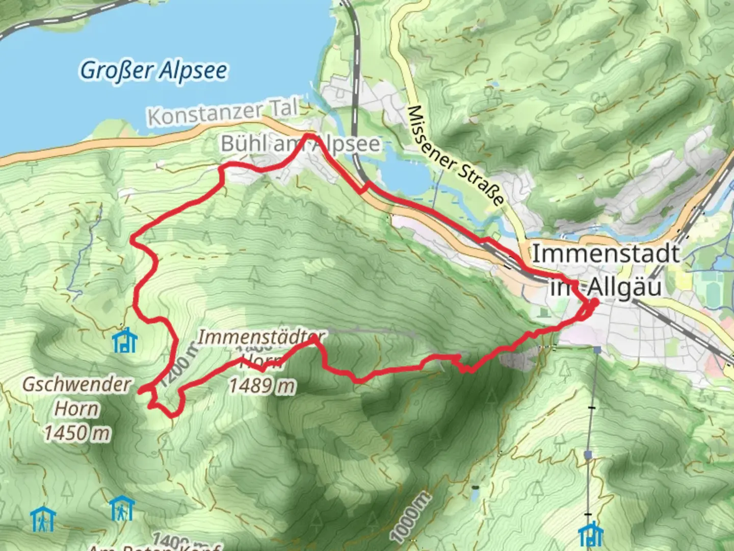 An image depicting the trail Kanzel and Immenstädter Horn via Badeweg and its surrounding area.