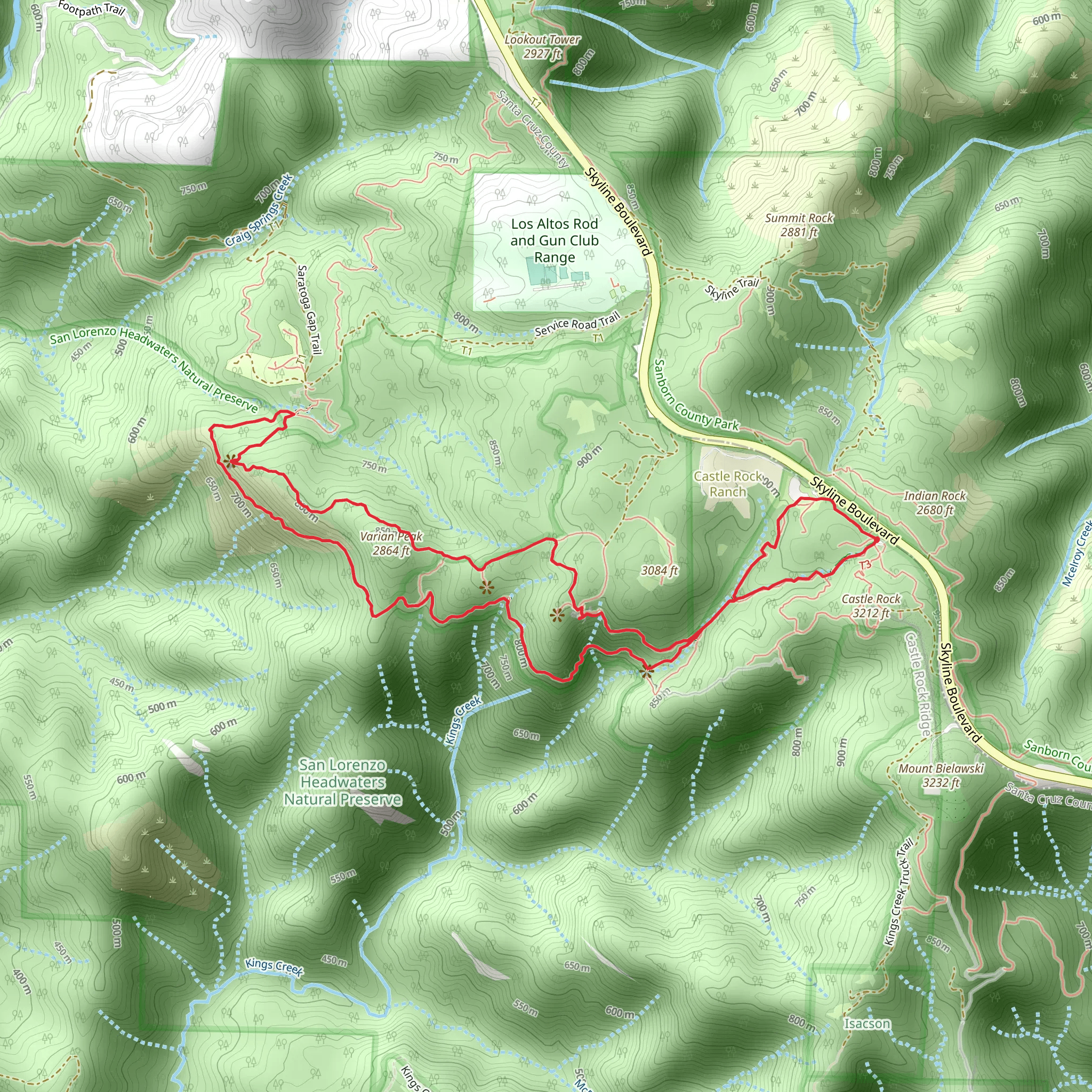 Varian Peak and Goat Rock Loop via Saratoga Gap Trail mobile static map