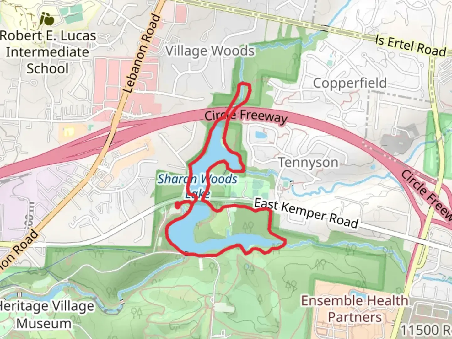 An image depicting the trail Sharon Woods Lake Loop Trail and its surrounding area.