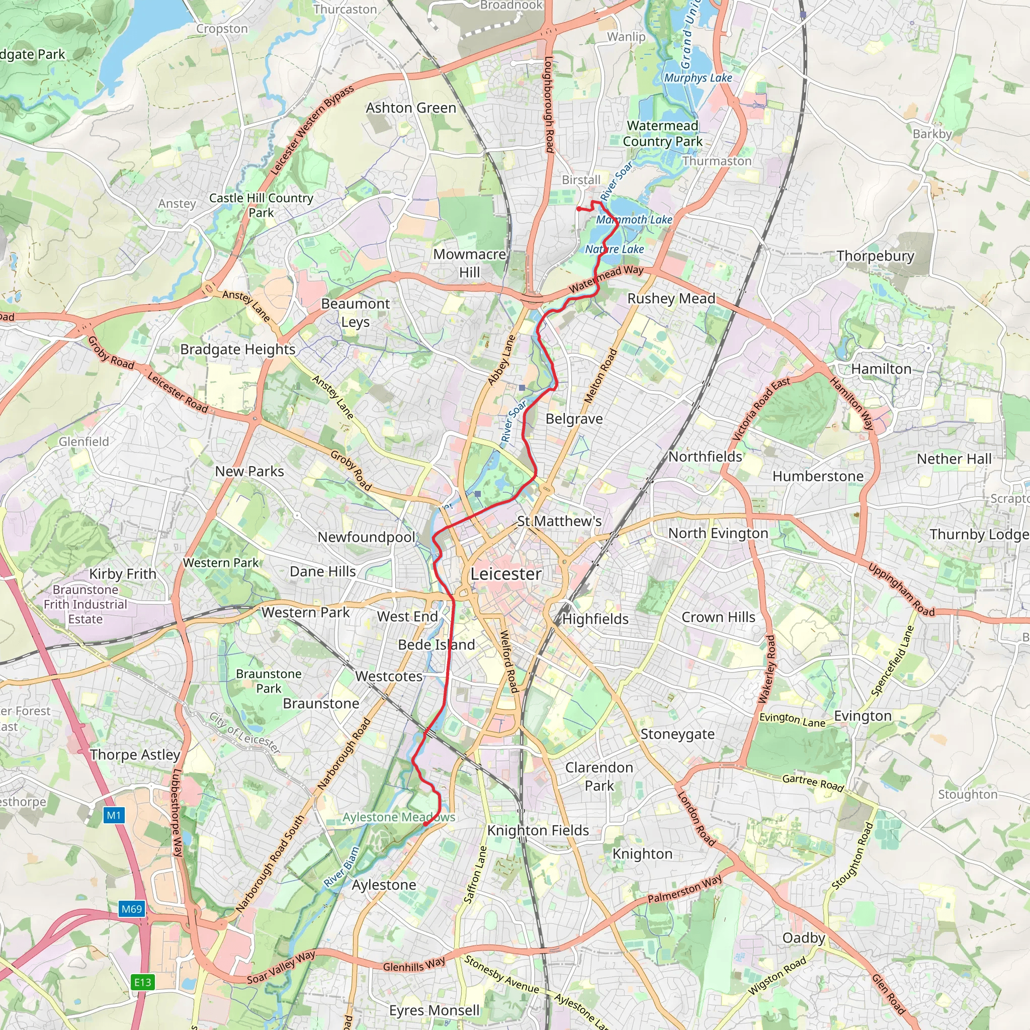 Birstall to Aylestone Meadows Walk - Leicester mobile static map