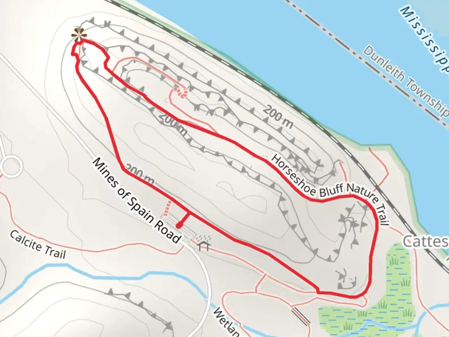 An image depicting the trail Horseshoe Bluff Nature Loop Trail and its surrounding area.