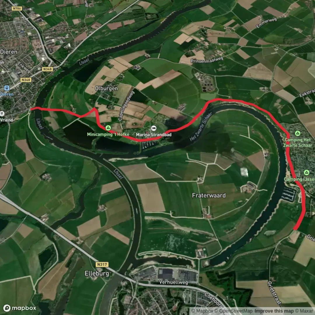 An image depicting the trail Dieren Veer to Voorthuizen via Gasthuis Route and its surrounding area.