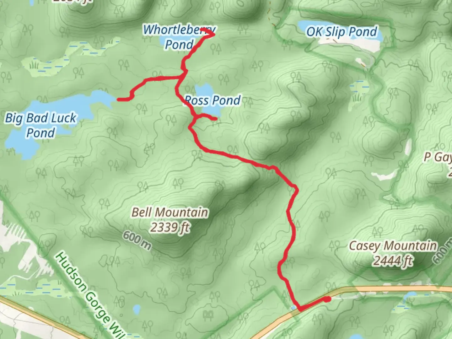 An image depicting the trail Ross Pond-Big Bad Luck Pond-Whortleberry Pond Trail and its surrounding area.
