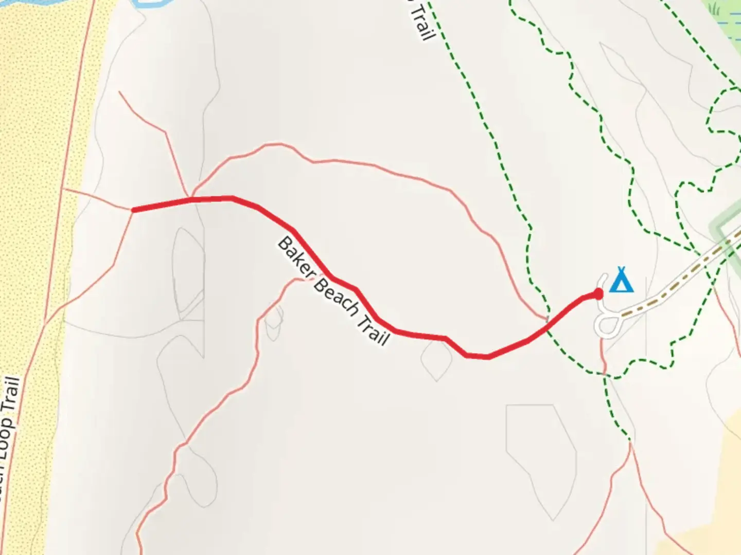 An image depicting the trail Baker Beach Road and its surrounding area.