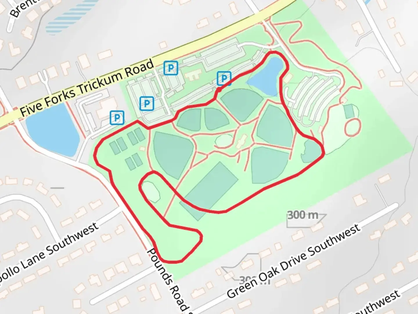 An image depicting the trail Five Forks Trickum Road Loop and its surrounding area.