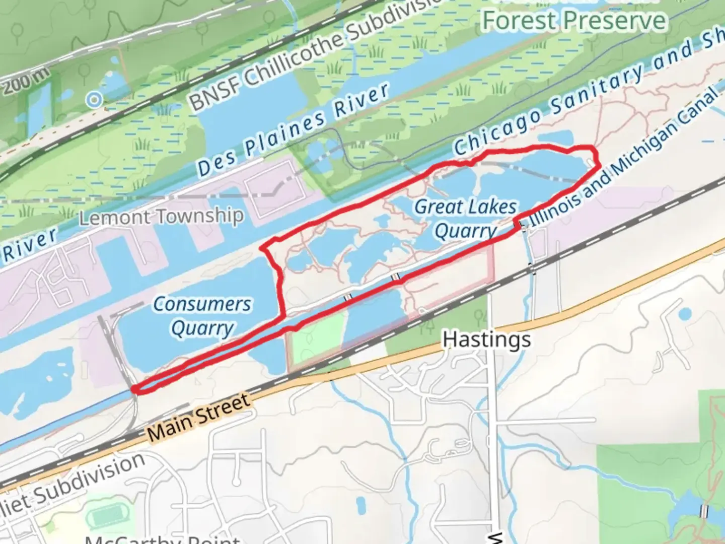 An image depicting the trail Great Lakes Quarry Loop and its surrounding area.