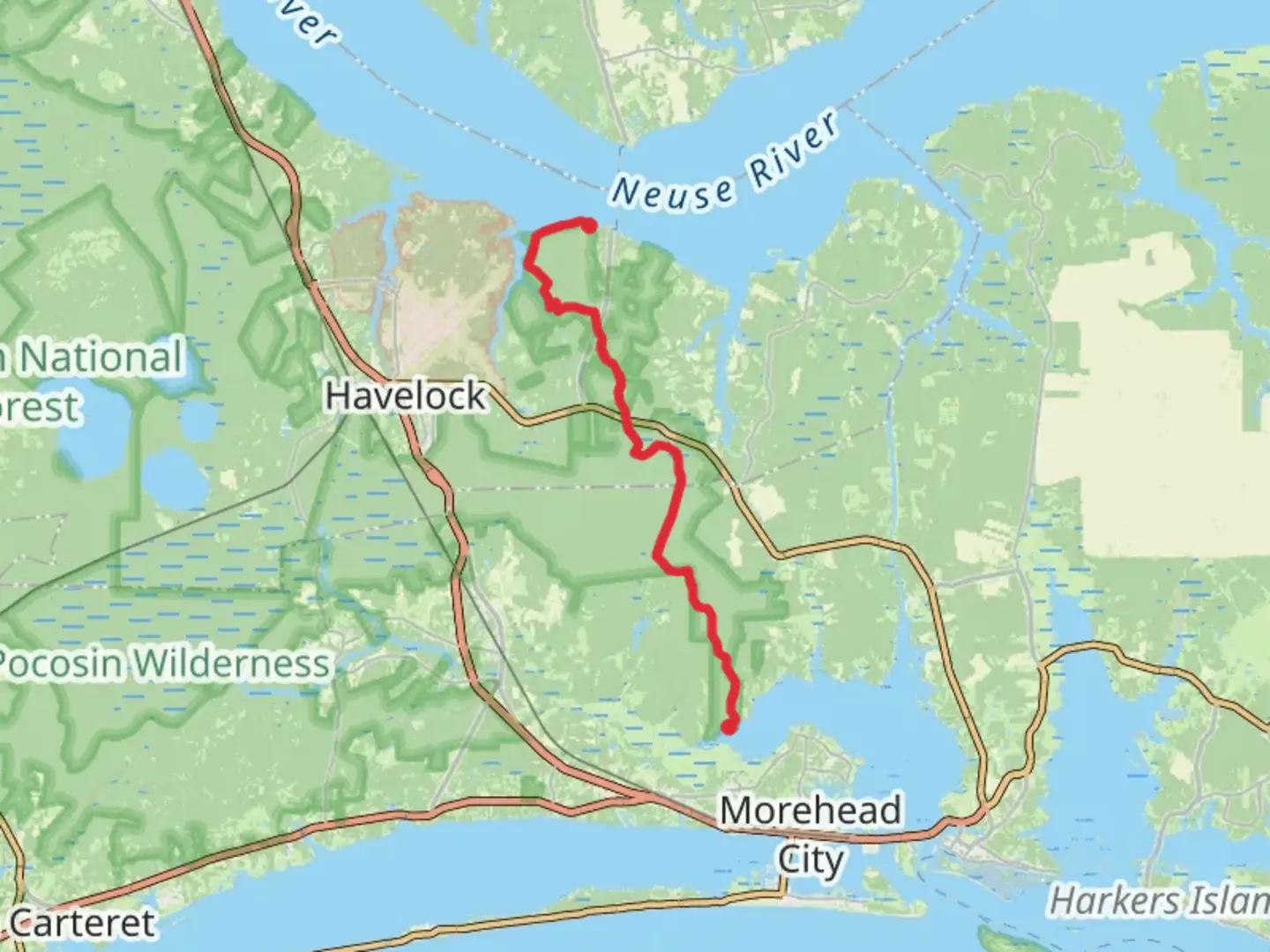 An image depicting the trail Neusiok Trail from Cherry Point and its surrounding area.