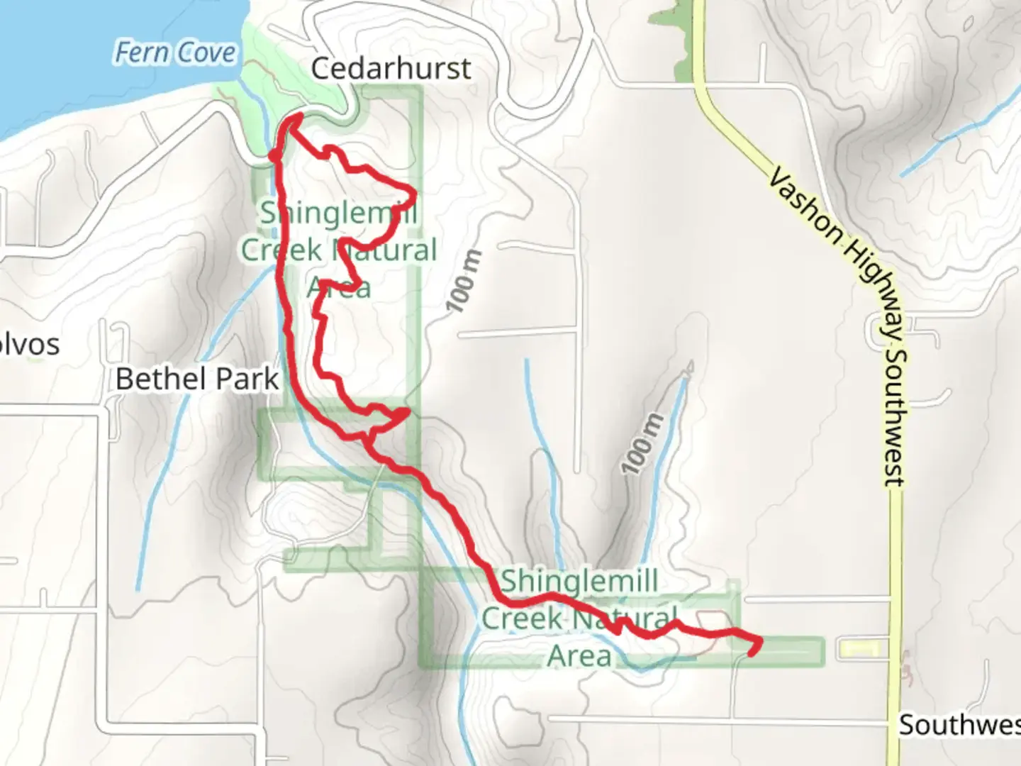An image depicting the trail Shinglemill Creek and Bill's Loop Trail and its surrounding area.