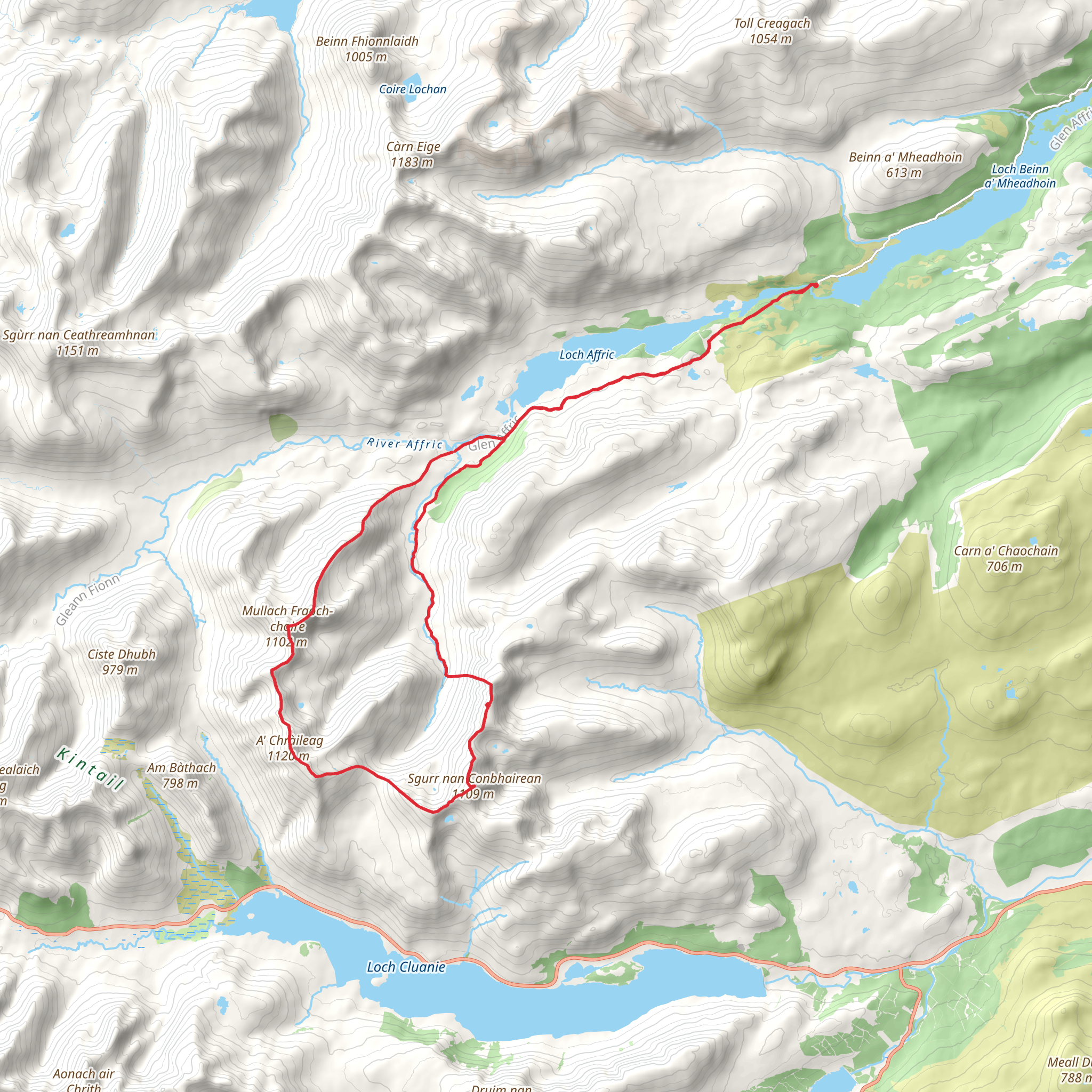 Sgurr nan Conbhairean and A' Chralaig Loop via Loch Affric mobile static map