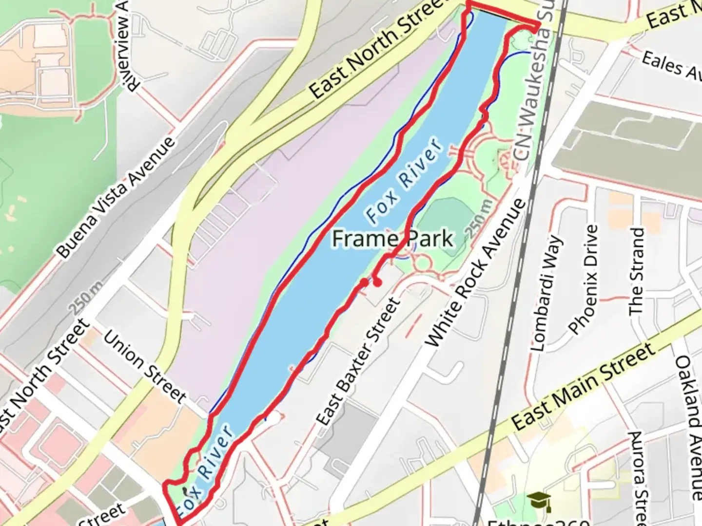 An image depicting the trail Fox River and Frame Park Loop and its surrounding area.