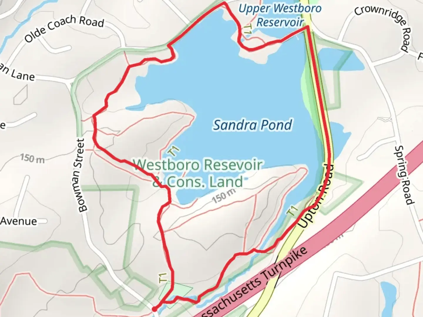 An image depicting the trail Westborough Reservoir Loop - Bowman Street Reservation Area and its surrounding area.