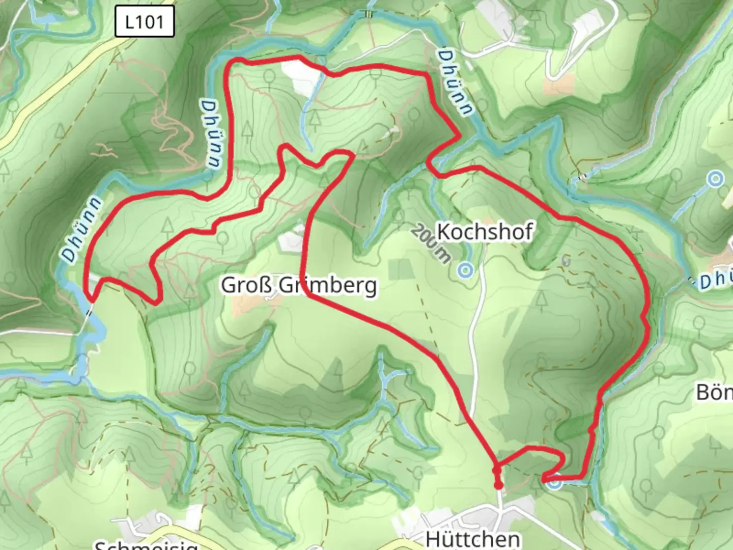 An image depicting the trail Großgrimberger and Bach Kochshof Loop via Hohenroute and its surrounding area.