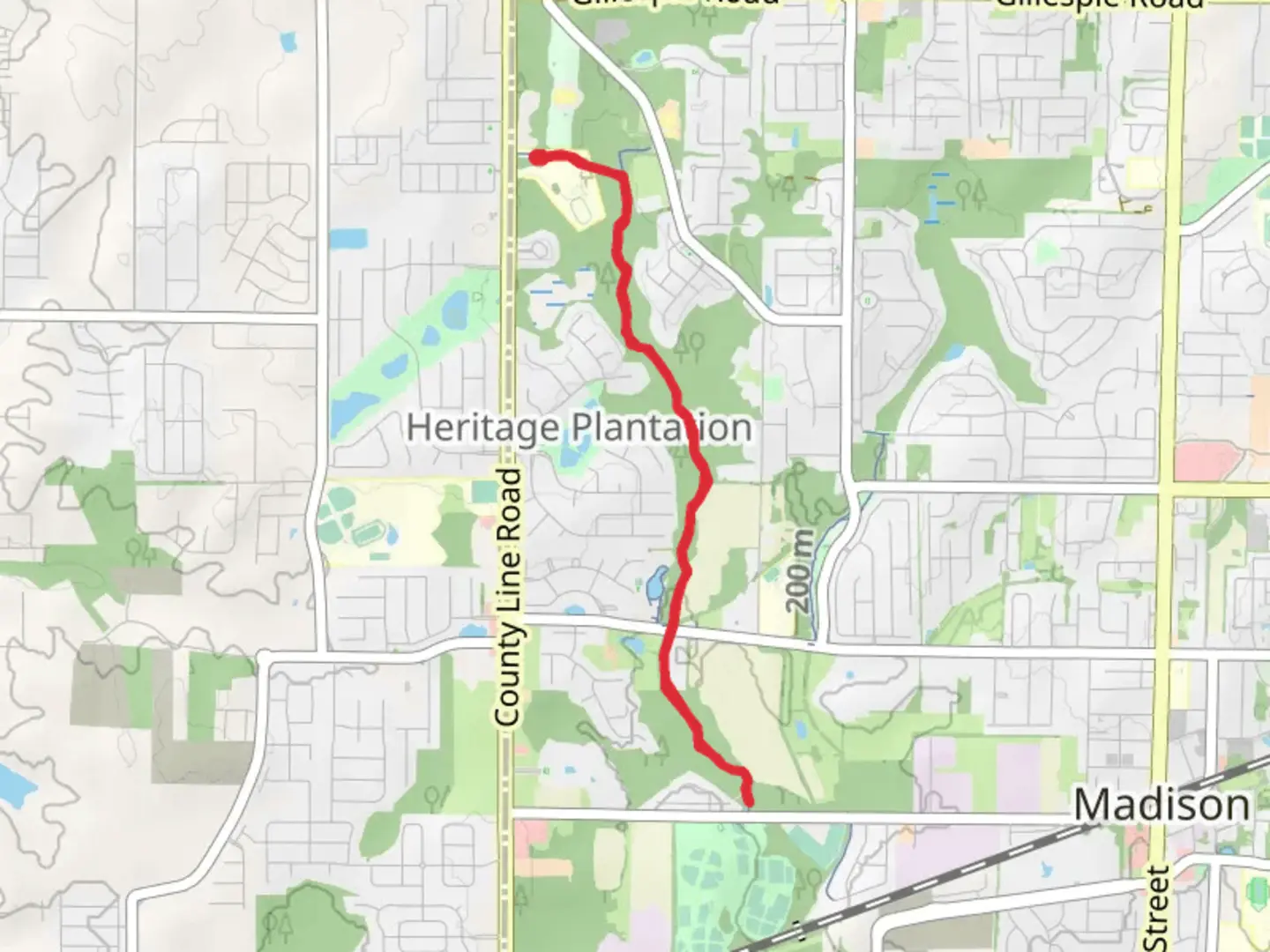 An image depicting the trail Bradford Creek Greenway from County Line Road and its surrounding area.