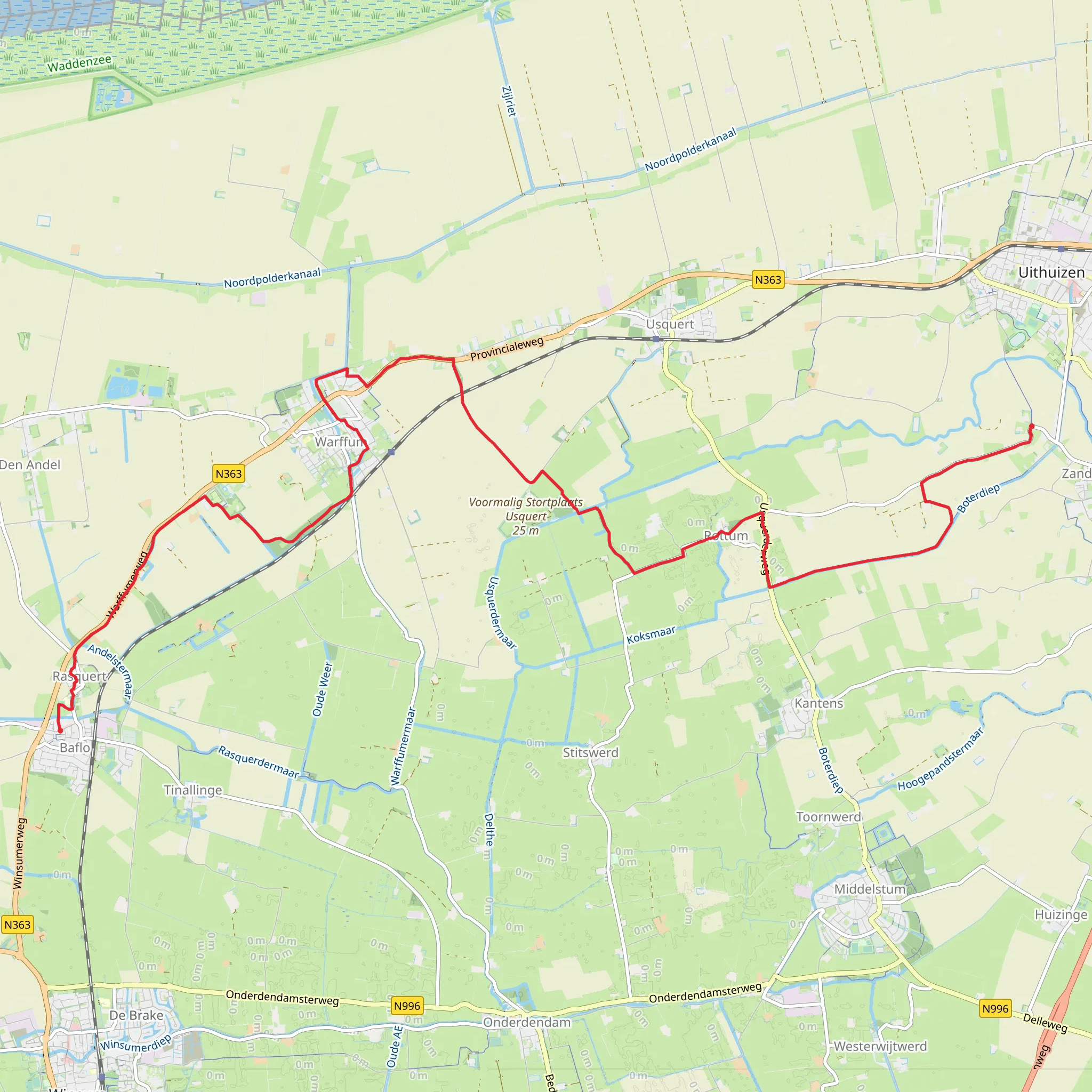 Baflo to Doodstil via Breedenburg, Warffumerbos and Westervalge mobile static map