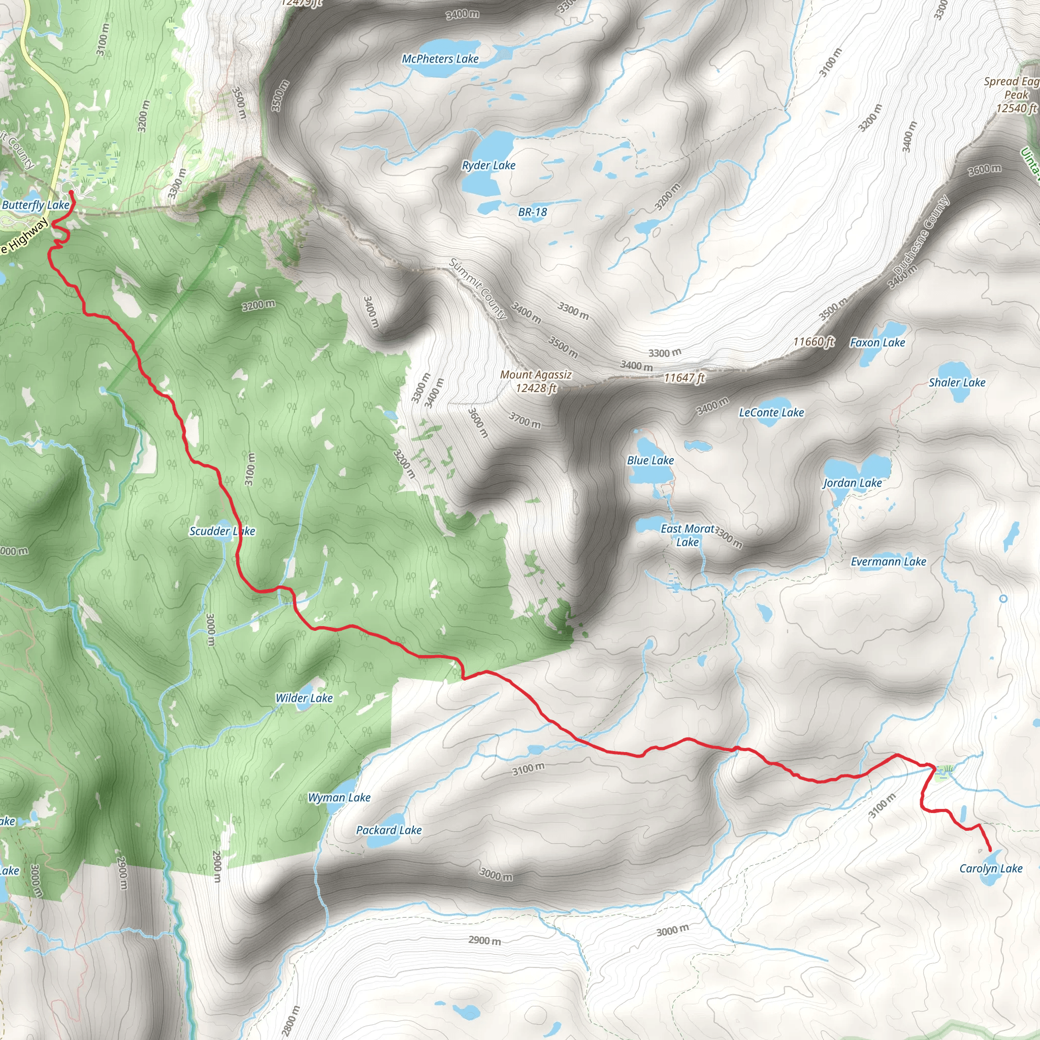 Carolyn Lake via Highline Trail mobile static map