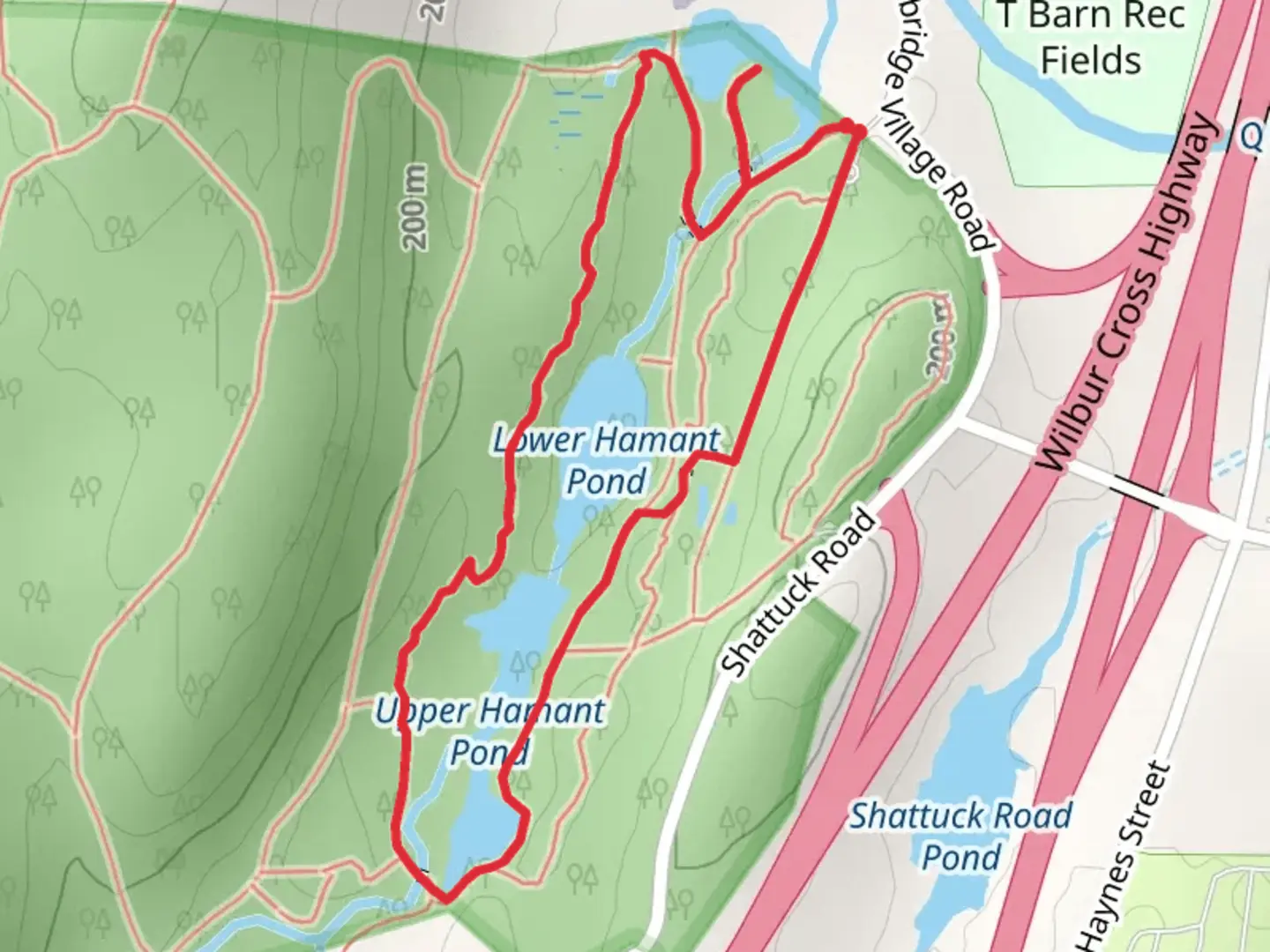 An image depicting the trail Hamant Pond Loop via Knife Edge and Morgan Tract Trail and its surrounding area.