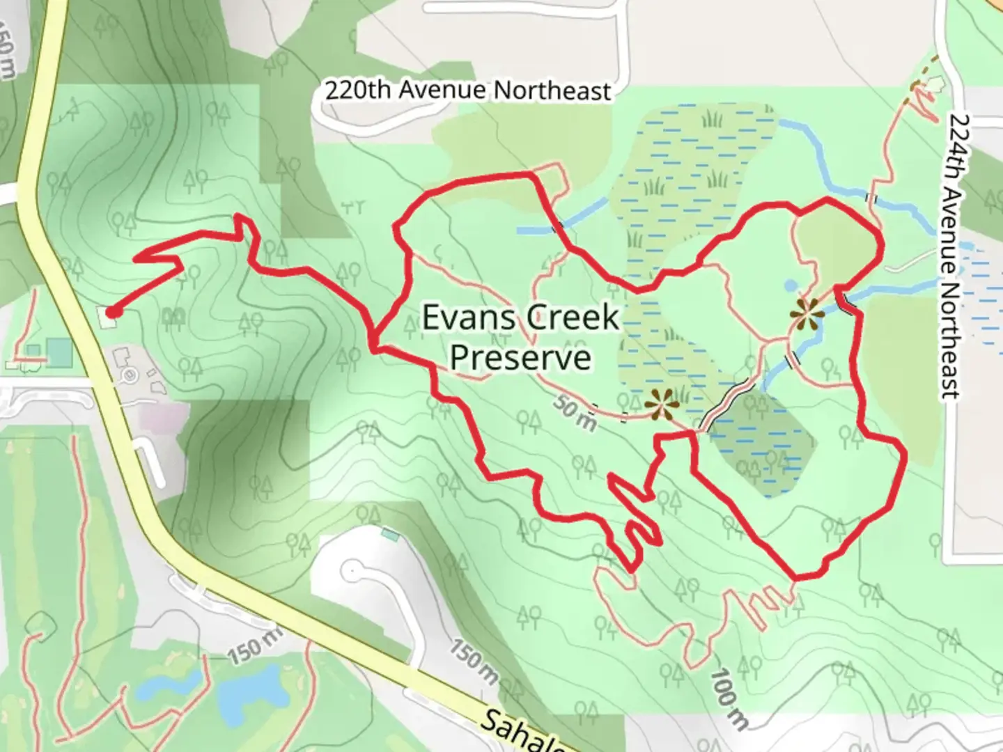 An image depicting the trail Evans Creek Preserve Loop - East and its surrounding area.