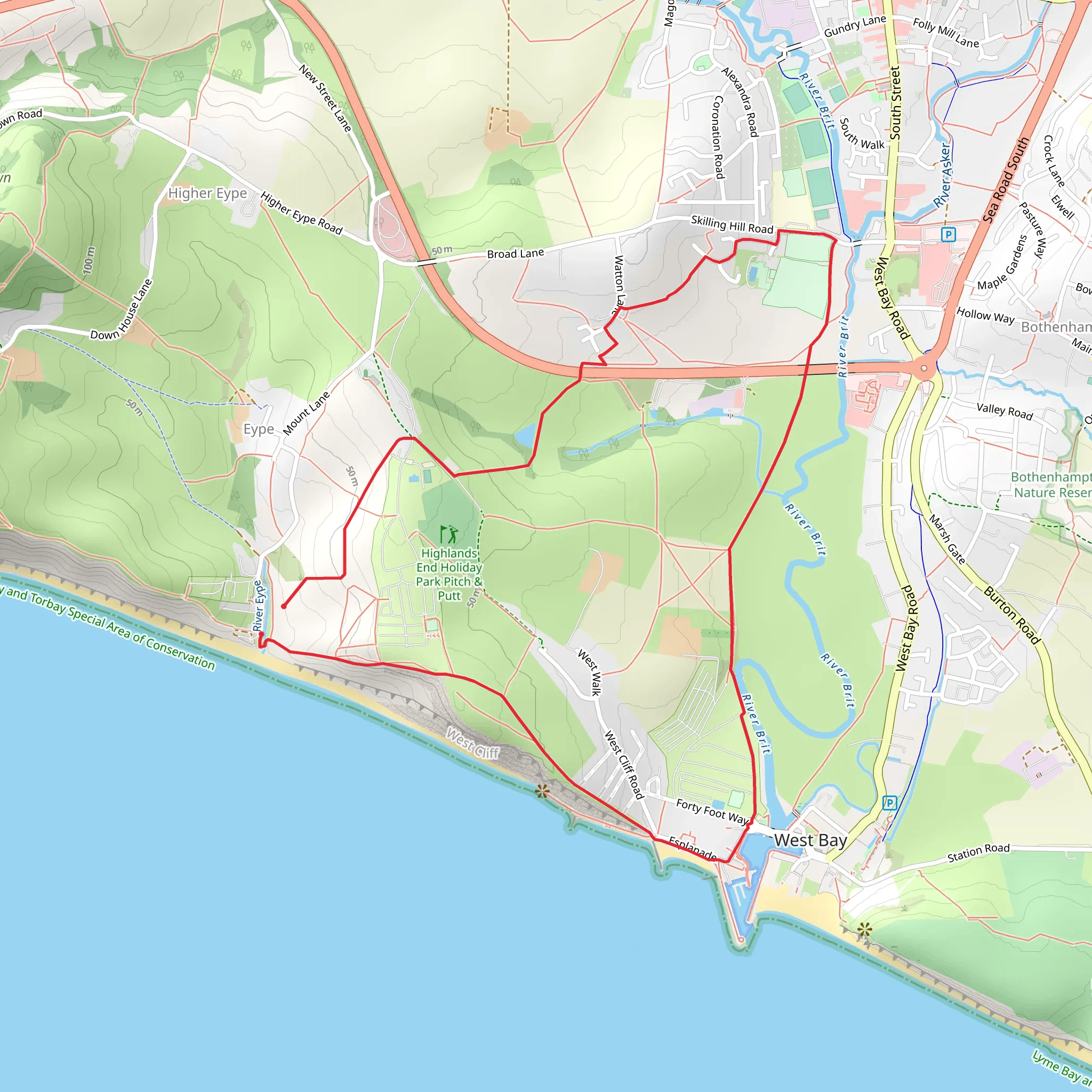 Golden Cap to Bridport and West Bay Walk mobile static map