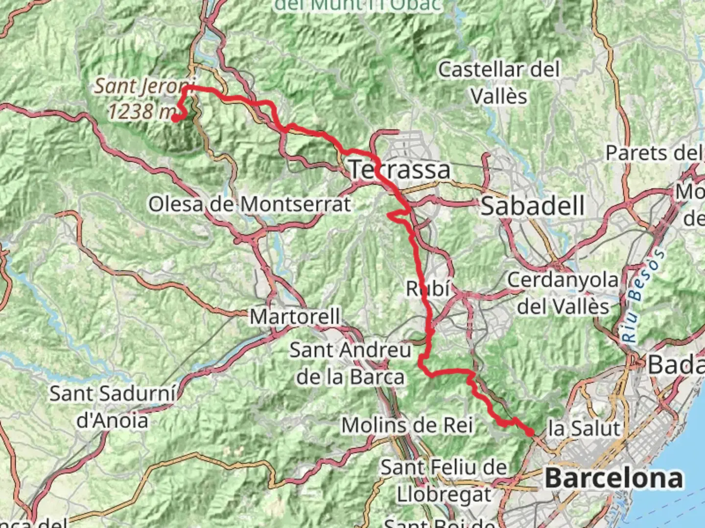 An image depicting the trail GR 96 - Camí Romeu to Montserrat and its surrounding area.