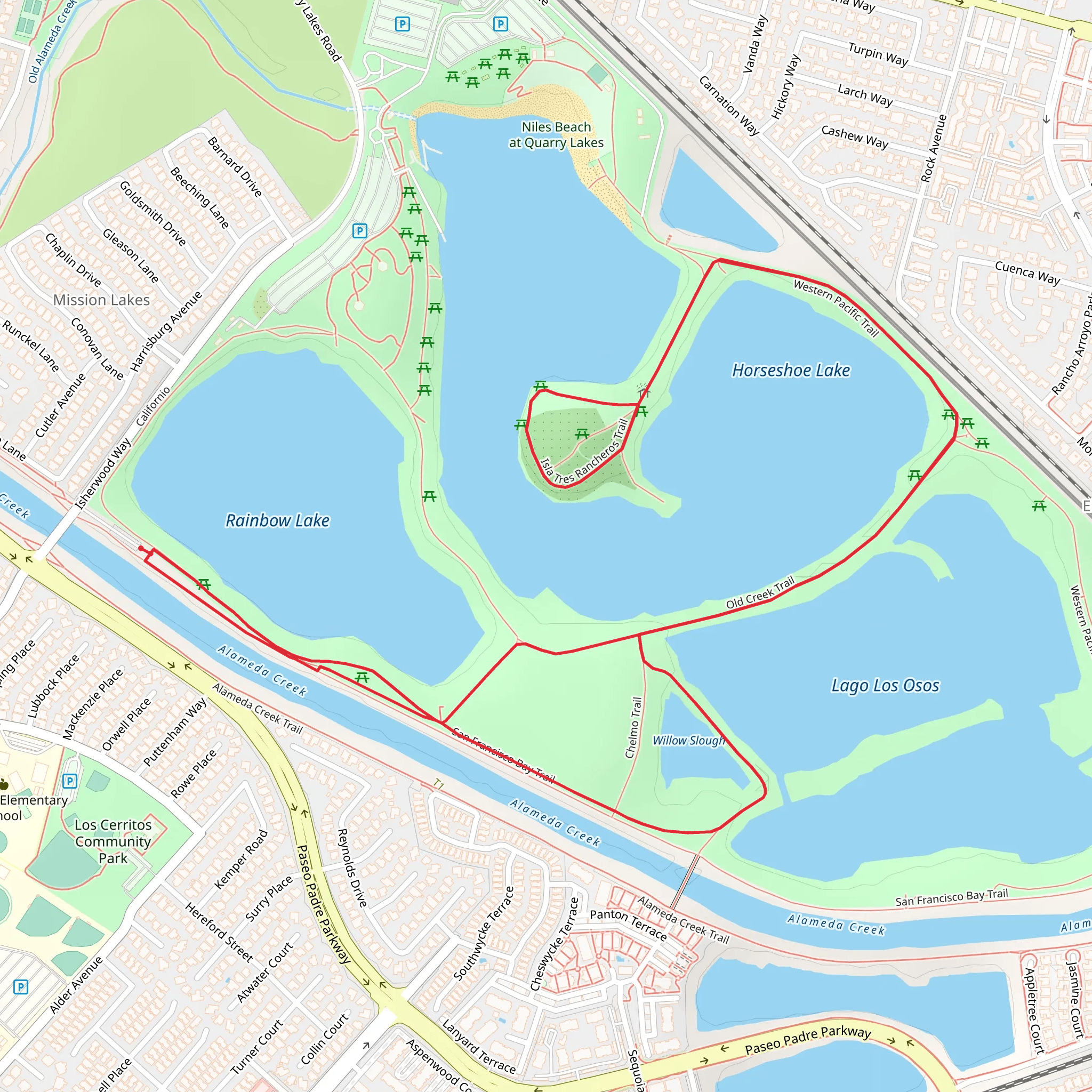 Rainbow Lake and Horseshoe Lake via Old Creek Trail and Isla Tres Rancheros Trail mobile static map