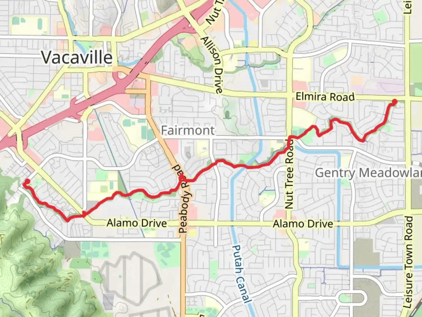 An image depicting the trail Patwin Park and Eleanor Nelson Park via Alamo Creek Trail and its surrounding area.